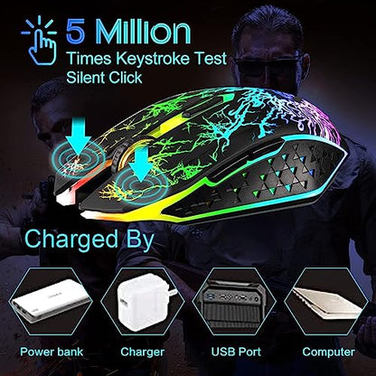 VEGCOO Wireless Gaming Mouse, Rechargeable Gaming Mouse, Silent Optical Mice with 2.4G USB Receiver, 3 Level DPI, 6 Buttons, 7 Colors LED Lights for PC/Mac Gamer, Laptop and Desktop - color: black