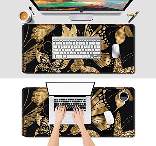 IMAYONDIA Black and Gold Desk Mat (35.4x15.7 in), XL XXL Gaming Large Mouse Pad, Non-Slip Rubber Base Big Keyboard Deskmat for Desktop, Computer Accessories, Butterfly Gold Glitter Foil Art - color: Gold Glitter Butterfly