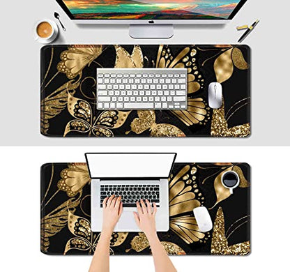 IMAYONDIA Black and Gold Desk Mat (35.4x15.7 in), XL XXL Gaming Large Mouse Pad, Non-Slip Rubber Base Big Keyboard Deskmat for Desktop, Computer Accessories, Butterfly Gold Glitter Foil Art - color: Gold Glitter Butterfly