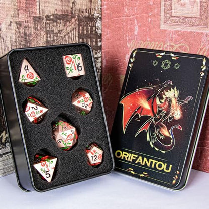 Gothic DND Dice Set Bleeding Rose Metal D and D Dice for use with Dungeons Dragons D&D Role Playing Game, Red Copper RPG Polyhedral Dice Set D20 D12 D10 D8 D6 D4 - color: Red&copper&black Numbers