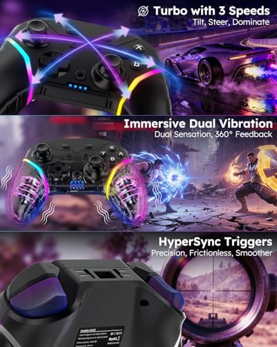 Wireless Mobile Game Controller for iPhone/iOS/Android/Switch/Laptop, Wired for PC/Steam, Cell Phone Controller Gamepad with Programmable, Turbo, Vibration, 6-Axis Gyro&RGB Lights(Phone Clip Included)