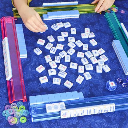 American Mahjong Game Set, 166 Blue Tiles (1.2”), 4 All-in-One Color Rack/Pushers & Drawstring Bag, Complete Mahjong Sets with Blue Printed Carrying Bag and Mahjong Tile Set Accessories - color: Blue