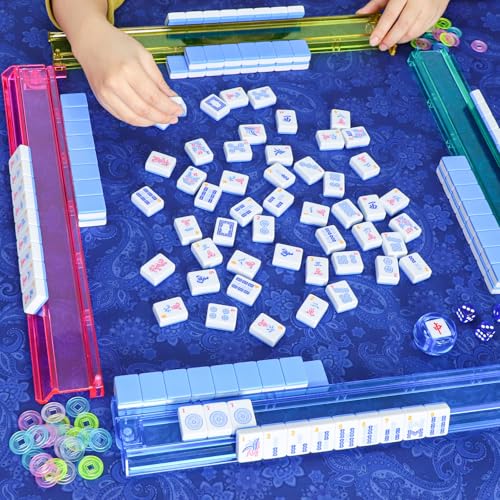 American Mahjong Game Set, 166 Blue Tiles (1.2”), 4 All-in-One Color Rack/Pushers & Drawstring Bag, Complete Mahjong Sets with Blue Printed Carrying Bag and Mahjong Tile Set Accessories - color: Blue