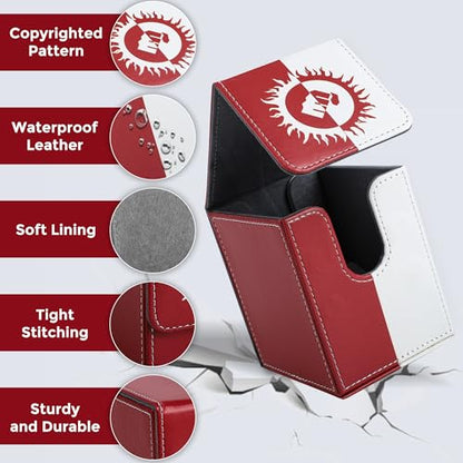 Card Deck Box with 2 Dividers, MTG Commander Deck Box Holds 100+ Double-Sleeved Cards, Leather Magnetic Deck Case Compatible with Magic TCG CCG Cards, Red/White - color: 1. Red & White, size: 100 Double-sleeved Cards Vertical