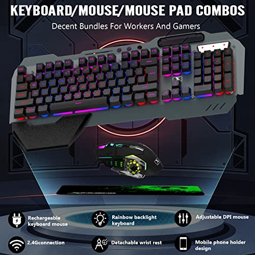 Wireless Gaming Keyboard and Mouse Combo,Rainbow LED Backlit Keyboard with Rechargeable 3800mAh Battery Metal Panel,Removable Wrist Rest Mechanical Feel and 7 Color Mute Gaming Mice for PC PS4 PS5 - color: Black LED Mix