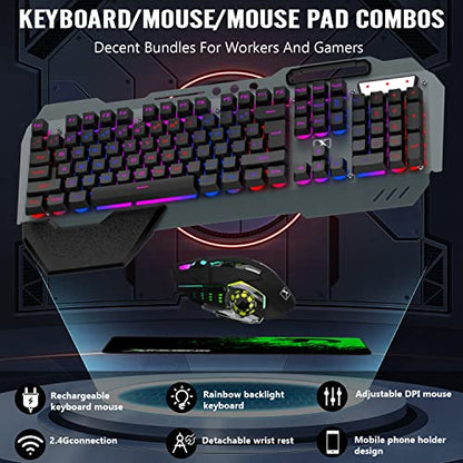 Wireless Gaming Keyboard and Mouse Combo,Rainbow LED Backlit Keyboard with Rechargeable 3800mAh Battery Metal Panel,Removable Wrist Rest Mechanical Feel and 7 Color Mute Gaming Mice for PC PS4 PS5 - color: Black LED Mix