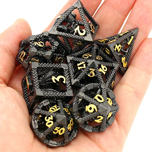 DND Dice Set,3D Hollow Dragon Metal 7-Die,Black | copper construction,68g balanced weight,engraved numbers,gift box and velvet bag for DND RPG play - color: 3d-black