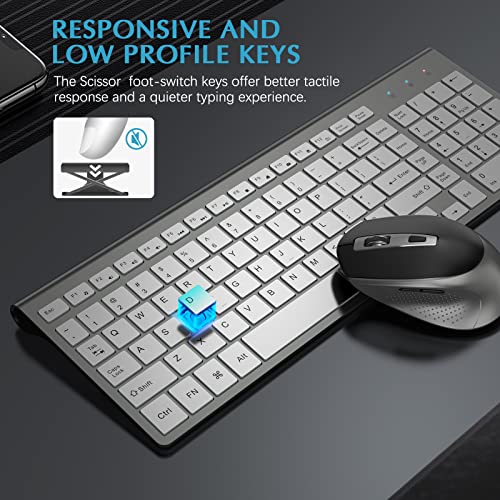 Wireless Keyboard and Mouse, J JOYACCESS Slim and Ergonomic Wireless Keyboard and Mouse Combo,Portable and Comfortable Typing for Laptop/Computer/Desktop/PC-Grey/Silver