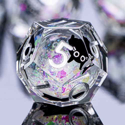 DND Cat Dice Set Colorful White Sharp Edge Dice with Box, RPG D and D Dice Dungeons Dragons Role Playing Game Polyhedral Resin Dice Set D20 D12 D10 D8 D6 D4 - color: Colorful White Silver