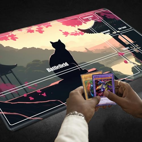 Board Game Mat TCG Playmat Plus 50 Pcs Card Sleeves, 24 x 14 inches Table Mats Games Mousepad with Zones Smooth Surface for MTG RPG CCG Trading Card Game Play Mats, Black Cat Landscape - color: Black Cat Landscape, size: Zone 1