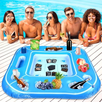 40inch Large Floating Games Table for Pool with Waterproof Playing Cards Inflatable Card Table Tray Food Pool Float Drinks Holder Containers Floating Swimming Game for Adult Beach Summer Party Hot Tub