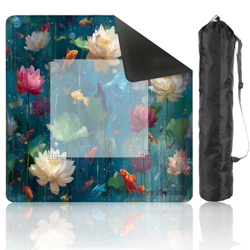Mahjong Mat 31.5" x 31.5" Japanese Pond Watercolor Art Print Lotus Fish Design Non-Slip Noise Reduction Mahjong Tiles Table Cover for Dominoes Poker Card Board and Tile Games - color: Color2