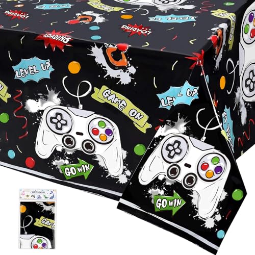 WERNNSAI Video Game Tablecloth - 1 Pack 108"x54" Gamer Table Cover | Black Gaming Night Party Favors, Gamer Birthday Theme Plastic Table Cloths for Boys Kids Player Geek - color: Video Game B