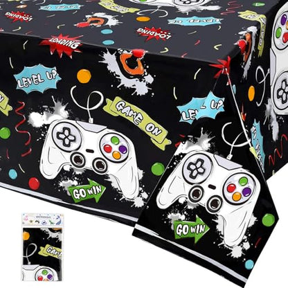 WERNNSAI Video Game Tablecloth - 1 Pack 108"x54" Gamer Table Cover | Black Gaming Night Party Favors, Gamer Birthday Theme Plastic Table Cloths for Boys Kids Player Geek - color: Video Game B