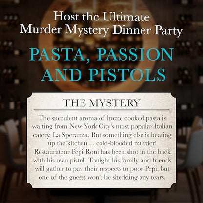 University Games Murder Mystery Party Games - Pasta, Passion & Pistols, Host Your Own Italian Restaurant Murder Mystery Dinner for 8 Players, Solve the Case with Crime Scene Clues, 18 Years and Up