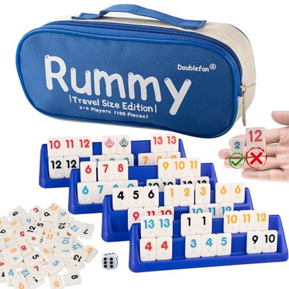 Doublefan Mini Rummy Cube Set, Mini Size Rummy Game with Portable Bag, Small Travel Game for Adult and Kids,106 Tiles, 4 Playing Rack, 1 Dice (2-4 Players) - style: Mini Size (2-4 Player)