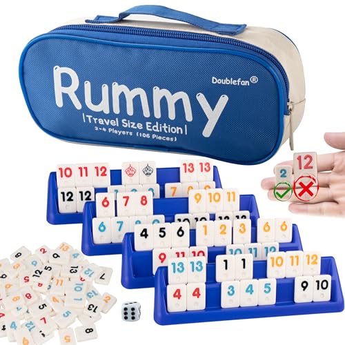 Doublefan Mini Rummy Cube Set, Mini Size Rummy Game with Portable Bag, Small Travel Game for Adult and Kids,106 Tiles, 4 Playing Rack, 1 Dice (2-4 Players) - style: Mini Size (2-4 Player)