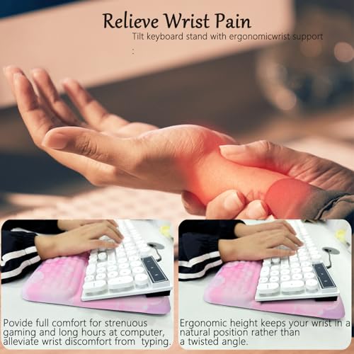 Computer Keyboard Stand Pad with Wrist Rest Pink Cloud Keyboard Pad Support with Comfortable Moon Galaxy Stars Wrist Pad Cute Girl Ergonomic Tilted Keyboard Riser Holder for Desktop Office Home - color: Silk Pink Cloud