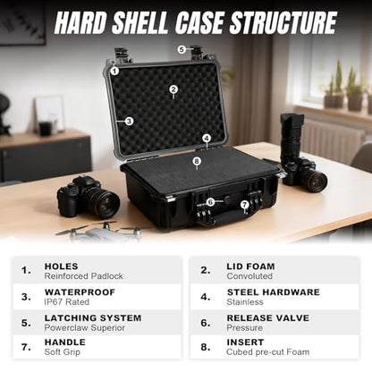 Jack Boss 16x 12.8x 6.8 Inch Hard Case, Portable Weather Waterproof Protective Camera Case with Customizable Foam, Fit Use of Drones, Camera, Equipments, Black - color: BLACK, size: 16x12.8x6.8 in