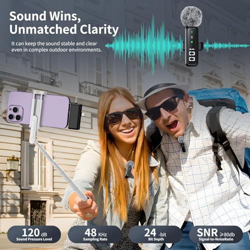Microphone for iPhone & Android, Wireless Mini Microphone | Battery Display, Clear Voice, Noise Cancelling, 3 in 1 Lavalier Mic for TikTok, YouTube & Interviews, Dual Mic - style: USB-C+Lightning+USB-A+3.5mm Jack