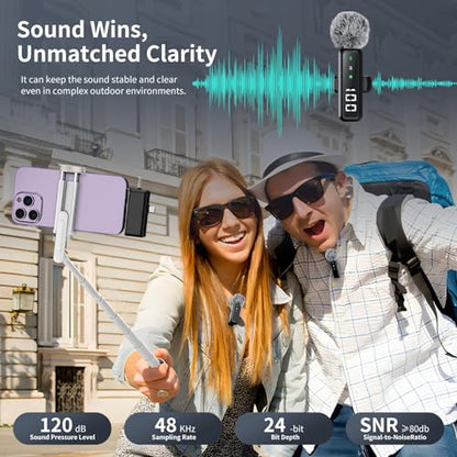 Microphone for iPhone & Android, Wireless Mini Microphone | Battery Display, Clear Voice, Noise Cancelling, 3 in 1 Lavalier Mic for TikTok, YouTube & Interviews, Dual Mic - style: USB-C+Lightning+USB-A+3.5mm Jack