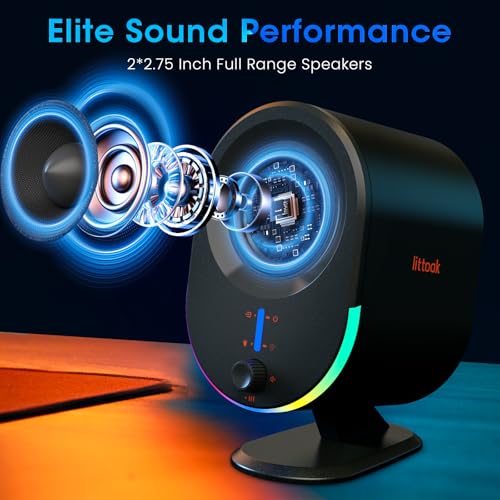 Computer Speakers, LITTOAK Bluetooth PC Speakers, AC Powered Gaming Speaker with 3 EQ Modes, Stereo Speakers with 6 RGB Modes, Aux in, Headphone, USB port Speaker for Laptop/Desktop/TV, 2*15W, 2.0 CH