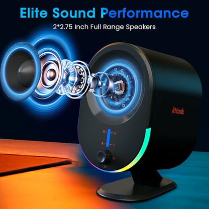 Computer Speakers, LITTOAK Bluetooth PC Speakers, AC Powered Gaming Speaker with 3 EQ Modes, Stereo Speakers with 6 RGB Modes, Aux in, Headphone, USB port Speaker for Laptop/Desktop/TV, 2*15W, 2.0 CH