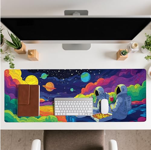 Astronaut Gaming Mouse Pad Abstract Sky Mouse Pad 31.5x11.8 Inch Eat Pizza Texture Non-Slip Rubber Base Large Mousepad Stitched Edges Keyboard Mouse Mat Desk Pad for Office and Home - color: Astronaut