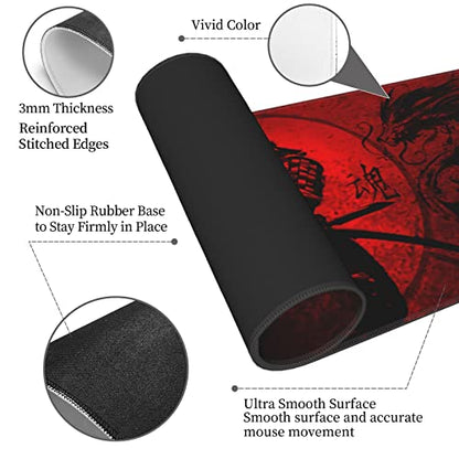 Japanese Samurai Mouse Pad XL Extended Desk Mat, Computer Mousepad | Cool Anime Red And Black Dragon Non Slip Rubber, Base Stitched Edge, Gaming Pc Large Mice Pad 31.5 x 11.8 Inch - color: Black5