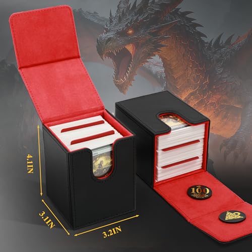 UAONO Card Deck Box for Yugioh MTG, 100+ Deck Case with 2 Dividers, PU Leather Storage Box, Compatible with Collectible Trading Cards (Black & Red, Sky Dragon) - color: A-Black&Red
