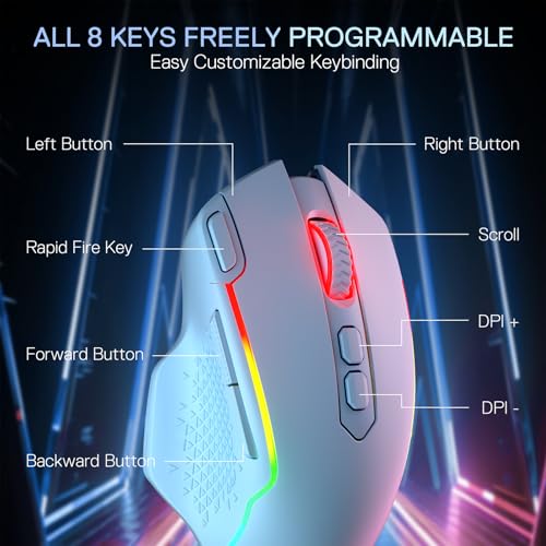 Redragon M810 MAX Wireless RGB Gaming Mouse 12000 DPI Remapping Keys | Cable-Free 0 Delay, Smooth Precise Tracking, Rapid-Fire Macro Keybinds, Vibing Backlight, Ergonomic Grip Body Comfort - color: White, style: M810 PRO MAX