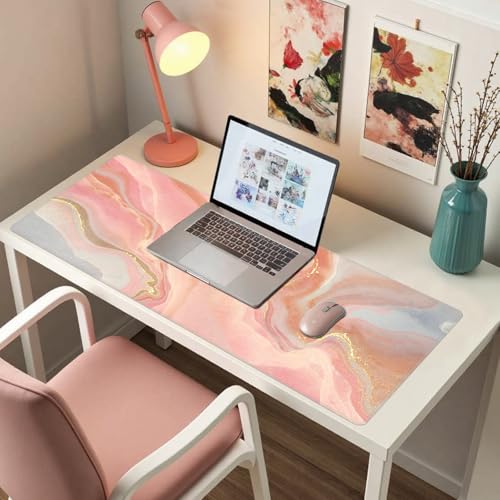 Baziabbo Cute Desk Mat,XXL Extended Large Mouse Pad,Gaming Mousepad with Stitched Edge,Non-Slip Rubber Base Keyboard Desk Pad for Home Office Study Game (Pink Marble) - color: Pink Marble