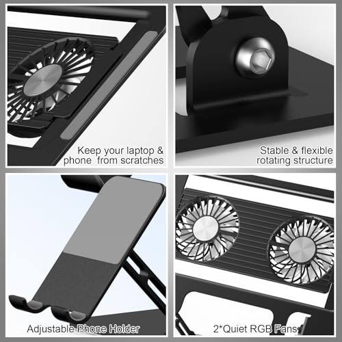 Laptop Cooling Stand with Detachable Fan,2-IN-1 Laptop Stand with Phone Holder and Silent Fans,Adjustable Height and Angle,Carbon Steel Framework,Laptop Cooling Pad for up to 16”Laptop (Black)