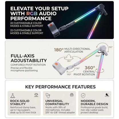 Asixxsix Microphone Boom Arm, Metal Adjustable Rotatable RGB Mic Stand with 3/8 to 5/8 inch Screw Adapter Desk Mount Clamp 2.2lbs Capaicty Heavy Duty for Gaming Streaming Podcast