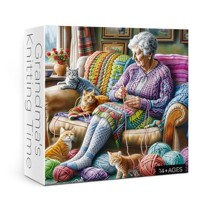 Grandma Knitting Puzzle for Adults 1000 Pieces, Cute Cat Jigsaw Puzzle, Cozy Colorful Art Puzzle