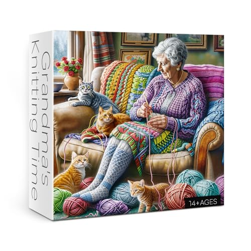 Grandma Knitting Puzzle for Adults 1000 Pieces, Cute Cat Jigsaw Puzzle, Cozy Colorful Art Puzzle