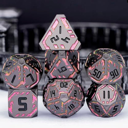 Metal DND Sci-fi Dice Set 7PCS Stripe Polyhedral Dice for Dungeons Dragons RPG Role Playing Game, Glitter D and D Dice with Gift Box D6 D8 D10 D12 D20 (Black&Purple Red) - color: Black - Red Purple