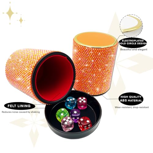 Bling Dice Cup Velvet Felt-Lined Quiet Shaker with Lid Includes 12 Dices Plastic Dice Cup Set for Bar Party Family Yahtzee Farkle Classic Dice Games (Orange) - color: Orange