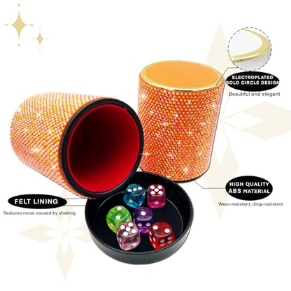 Bling Dice Cup Velvet Felt-Lined Quiet Shaker with Lid Includes 12 Dices Plastic Dice Cup Set for Bar Party Family Yahtzee Farkle Classic Dice Games (Orange) - color: Orange