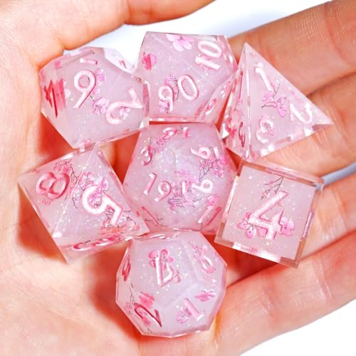 DND Resin Sharp Edge Roleplaying Polyhedral Dice Set,for RPG MTG Dungeons and Dragons Sakura Handmade Dice Set - color: Sakura Whisper
