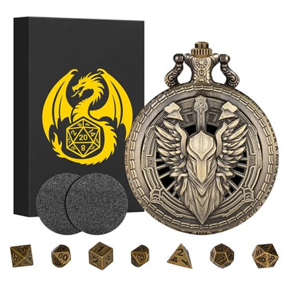 Mini DND Dice Set Steampunk Hollow Paladin Knight Warrior Pocket Watch Shell Case, 7pcs Polyhedral Metal D&D Dice Set with Gift Box, Role Playing Board Games Accessories - color: Paladin