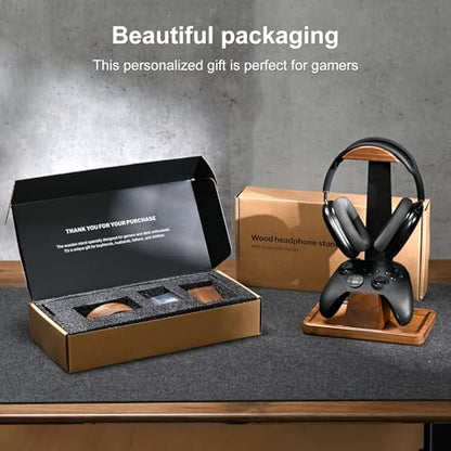 UPERGO Walnut Headphone Stand with Controller Holder & Storage Base | Solid Wood Grain, Gear & Charger Storage, Gamer Gift for PS5 Xbox Controllers, Desk Accessories