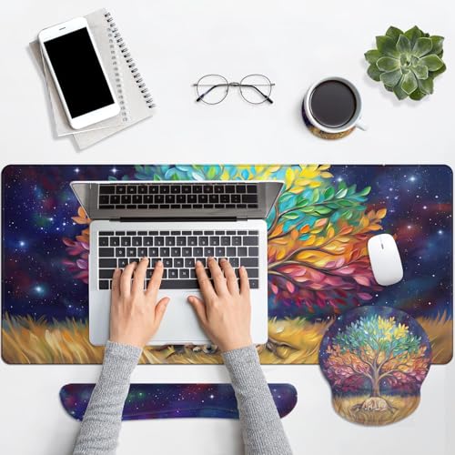 Britimes Colorful Tree Oil Painting Keyboard Mouse Pad Set Cute Dog 4in1 Large Mousepad+Keyboard Wrist Rest+Mouse Wrist Rest+Coaster Ergonomic Design for Home Office Computer 35.4x15.7 inches - color: Colorful Tree