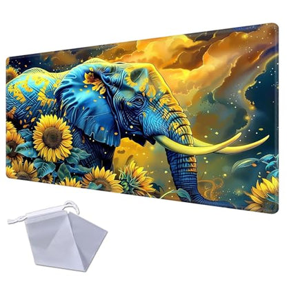 Large Gaming Playmat Compatible with MTG, Seamless Card Game Mat with Stitched Edges, 27.6 x 15.7 in Natural Rubber Desk Pad with Transparent Drawstring Bag, Elephant in Sunflower Field - color: Elephant in Sunflower Field, size: 28"X16" Regular