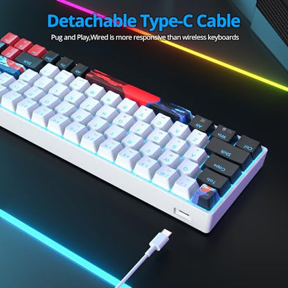Protable 60% Percent Gaming Keyboard Mechanical, Mini Compact Ice-Blue LED Backlit 68 Keys Wired Office Keyboard with Red Switch for Mac/Win/PS4/PS5（68White/red Switch） - color: 68White/red Switch