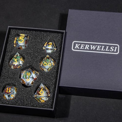KERWELLSI Liquid Core Dragons Pattern Dice, Resin DND Dice Set with Gift Box, White and Gold Sharp Edged Dungeons D&D Dice, Role Playing Game Dice D20 D12 D10 D8 D6 D4 - color: White and Gold