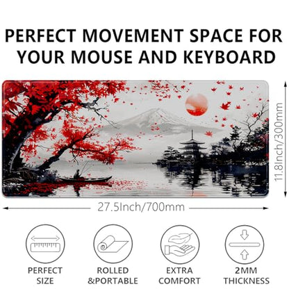 Mount Fuji Mouse Pad Desk Pad, 27.5x11.8 in Japanese Style Mouse Pad Extended Keyboard Mousepad with Stitched Edges, Waterproof Non-Slip Rubber Base for Office Computer Laptop Home - color: Red maple leaves and Mount Fuji