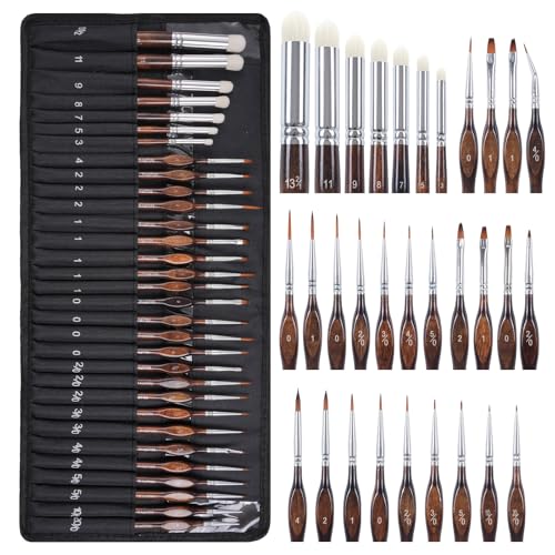 Nicpro Miniature Paint Brushes Dry Brush - 31PCS Model Paint Brush Set with Cloth Roll for Acrylic Oil Watercolor, Detail Paint Brush Drybrush for Model, Miniature Painting, Paint by Numbers, Craft - size: 31 PCS
