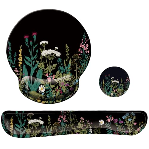 Keyboard Wrist Rest Pad Mouse Pad with Wrist Support Set of 3, Mousepad with Non-Slip Rubber Base, Ergonomic Memory Foam Mouse Wrist Cushion Support for Home Office Laptop Computer, Flowers Grass - color: Flowers Grass