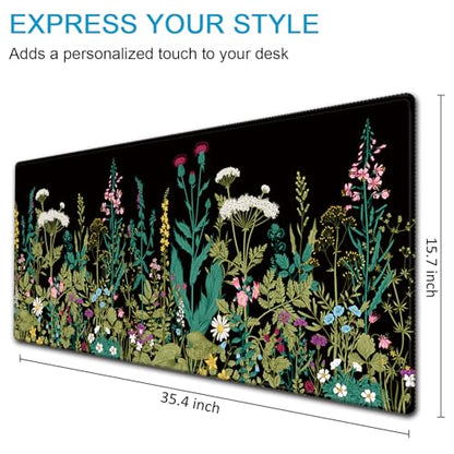 XXL Waterproof Office Desk Pad Protector 35.4x15.7 Inch - Extended Gaming Mouse Pad with Non-Slip Rubber Base, Thickened Keyboard Mat, Stitched Edges & Weeds Design - color: A-black